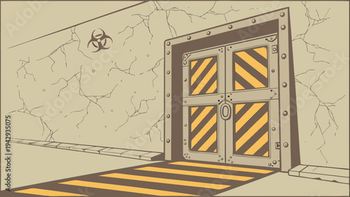 A vector graphic illustration of a biohazard door with a yellow and black striped pattern
