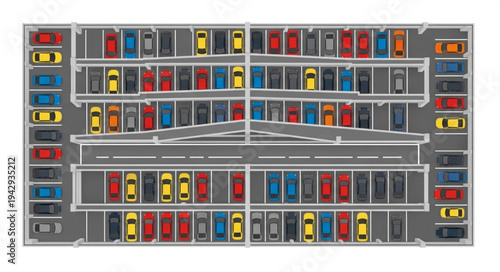 Aerial view of a busy multi level car park filled with vehicles.