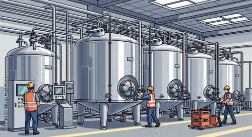 Industrial Brewery Equipment and Workers.
