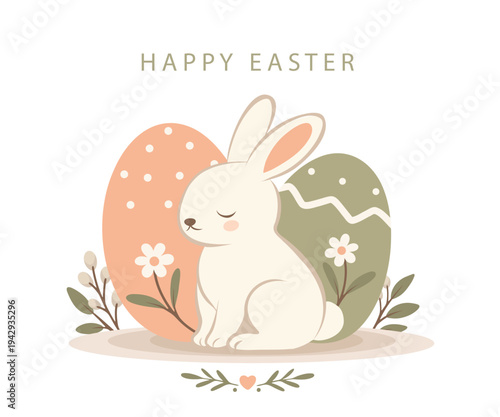 Happy Easter! Minimalistic Easter vector illustration in soft pastel colors. Cute bunny, decorated eggs, flowers, modern flat style. Use for greeting cards, holiday designs, social media, invitations