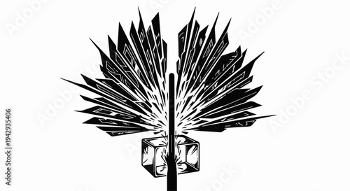 Abstract digital illustration of a futuristic satellite with solar panels radiating outwards against a white background.