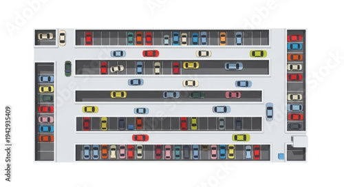 Aerial view of a busy parking lot filled with cars.