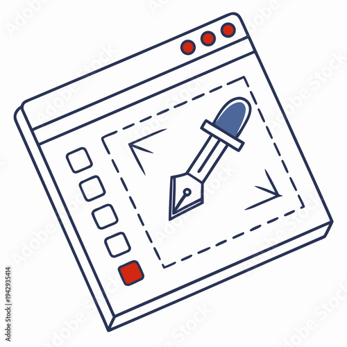 Isometric web browser window with calligraphy pen nib icon for graphic design software ui creative digital art tool and website application interface