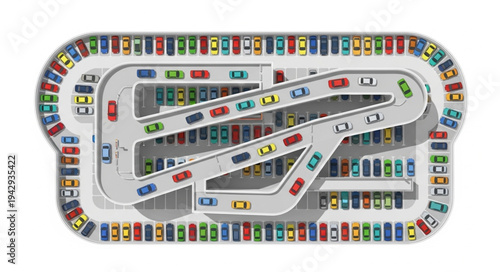 Colorful cars driving on ramps in a multi-level parking garage.