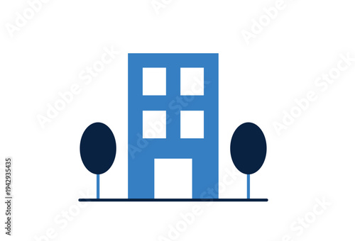 City building with location marker icon. Urban navigation concept for offices, businesses, addresses and city map positioning.