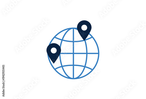 World globe with multiple location pins icon. Global navigation concept for international travel routes, delivery networks and worldwide positioning systems.