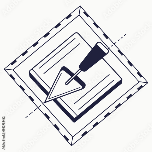 Trowel on top of construction materials in a diamond-shaped frame with dashed lines building and renovation tool concept