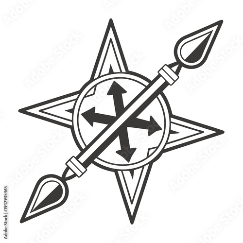 Abstract compass star symbol with diagonal spear element representing navigation adventure mapping ancient tools direction exploration and nautical