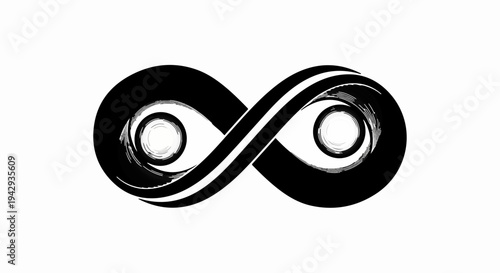 Abstract black infinity symbol with swirling lines and circular elements on a white background