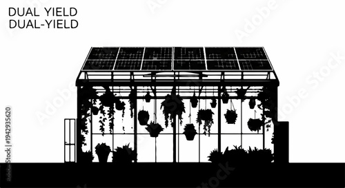 Modern greenhouse with solar panels on roof, cultivating lush plants inside.