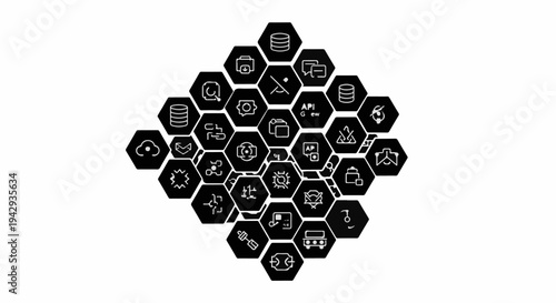 Abstract arrangement of interconnected hexagonal icons representing digital data and technology concepts