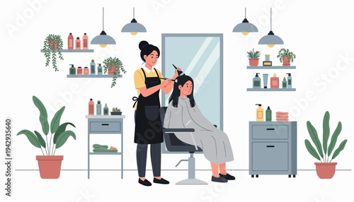 Female hairdresser applying hair dye to customer in modern beauty salon interior, flat vector illustration.