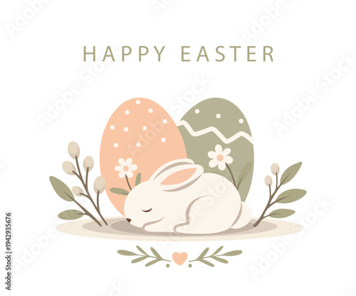 Happy Easter! Minimalistic Easter vector illustration in soft pastel colors. Cute bunny, decorated eggs, flowers, modern flat style. Use for greeting cards, social media, invitations, holiday designs