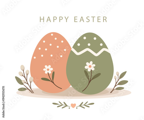 Happy Easter! Two decorated eggs with flowers, modern flat style. Easter vector illustration in soft pastel colors. Use for greeting cards, holiday designs, social media, and invitations