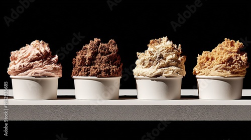  Color contrast aesthetic photography: four ice cream cups a complete color spectrum from soft pink to deep brown, with right-side composition creating breathing space.
