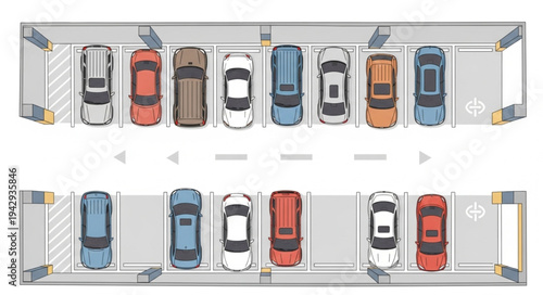 Aerial view of cars parked in a lot.
