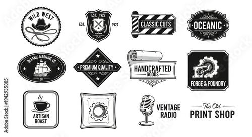 Collection of vintage emblems and logos with various designs.