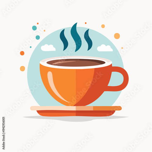 Hot beverage in orange cup with steam, cozy morning drink illustration
