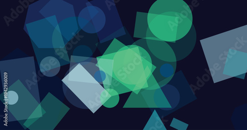 Abstract composition of overlapping transparent geometric shapes squares circles triangles on dark background