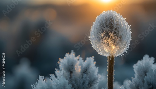 Hyper-macro genesis: Frozen wild plant spore pod with internal bioluminescent glow breaking through ice crystals.