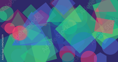 Abstract overlap of colorful geometric shapes squares circles triangles on deep purple background, modern graphic design
