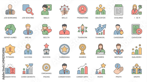 A colorful collection of flat design icons representing various aspects of career development education and professional life high quality detailed modern elegant stylish clean crisp vibrant