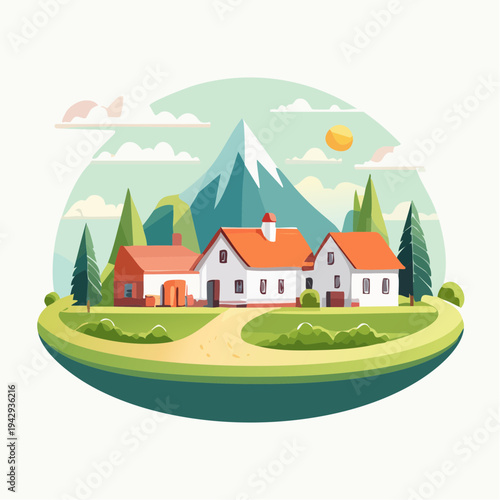 Picturesque rural village nestled among towering mountains and lush green trees, an idyllic countryside escape