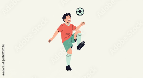 Energetic cartoon boy in red shirt kicking soccer ball high in dynamic sports action vector illustration