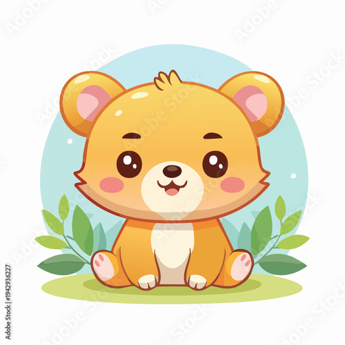 Adorable cartoon bear cub sitting in a grassy field with soft blue sky background