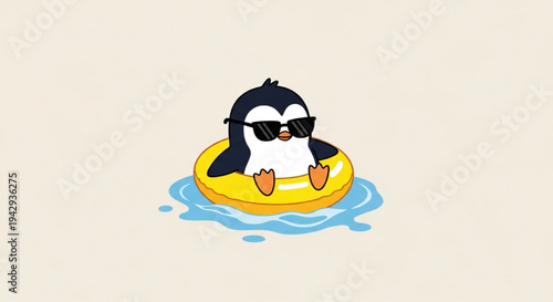 Adorable cute cartoon penguin wearing sunglasses floating in yellow inflatable ring water vector illustration