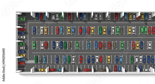 Aerial View of a Crowded Multi-Level Parking Garage Filled with Cars.