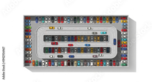 Aerial view of a busy multi-level parking garage filled with cars.