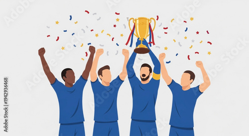 Excited soccer players raising golden trophy with falling colorful confetti vector illustration