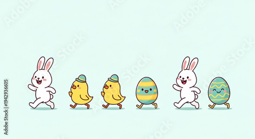 Adorable bunny chick egg walking together in happy Easter parade cartoon vector illustration