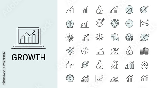 A collection of minimalist line icons representing business growth financial data and analytical charts displayed against a light background high quality professional detailed modern elegant stylish