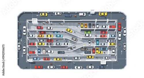 Aerial View of a Busy Multi Level Car Park Filled with Vehicles.