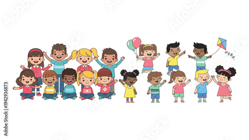 Cheerful diverse group of kids cheering and celebrating flat vector