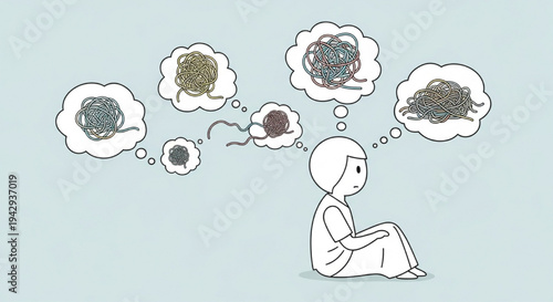 Stressed cartoon person sitting with tangled messy thoughts in thought bubbles vector illustration