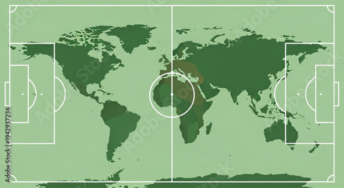 World map soccer football field with goals and center circle vector illustration
