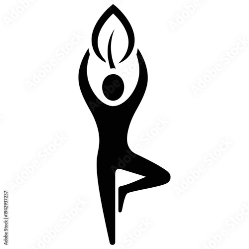 Yoga tree pose icon with a human silhouette and leaf element | minimalist black vector illustration for wellness and natural balance | white background