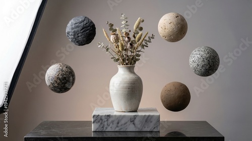 Floating Spheres Around Dried Flower Vase on Marble Pedestal, Still Life Studio Shot