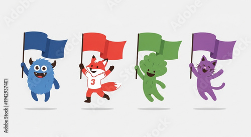 Colorful monster animals holding national flags cheering soccer cartoon vector illustration