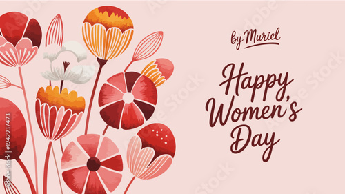 A vibrant floral illustration with red orange and white blooms adorns a soft pink background celebrating women s day high quality professional detailed modern elegant stylish