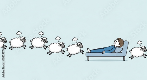 Person sleeping on bed with sheep jumping over in counting sheep scene vector illustration