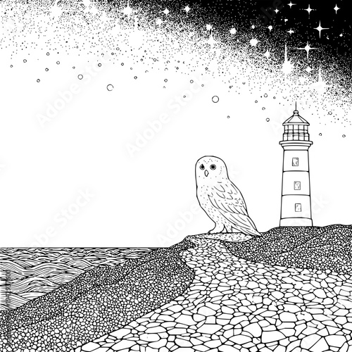 Owl perched on rocky coastline beside vintage lighthouse under starry night sky with scattered stardust