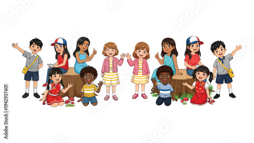 Happy diverse group of cute children waving hands flat vector illustration