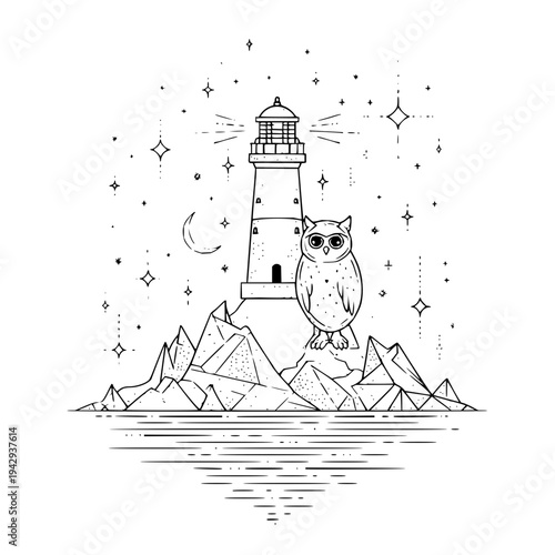 Owl standing on rocky coastline with serene lighthouse under starry night sky and crescent moon