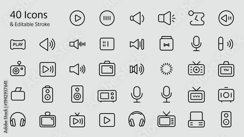 A collection of forty black line icons representing various audio and video playback recording and related devices high quality professional detailed modern elegant stylish clean crisp