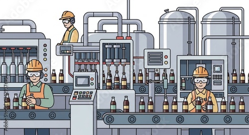 Industrial Brewery Workers Inspecting Bottles.