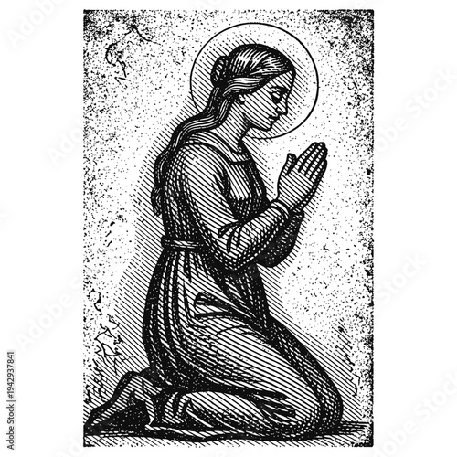 Woman Kneeling in Prayer, Praying Person Illustration in Vintage Style